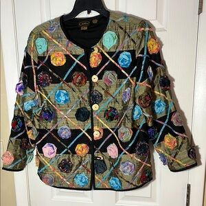 Allure VTG silk boho patchwork 3D roses multi color floral button artsy jacket M